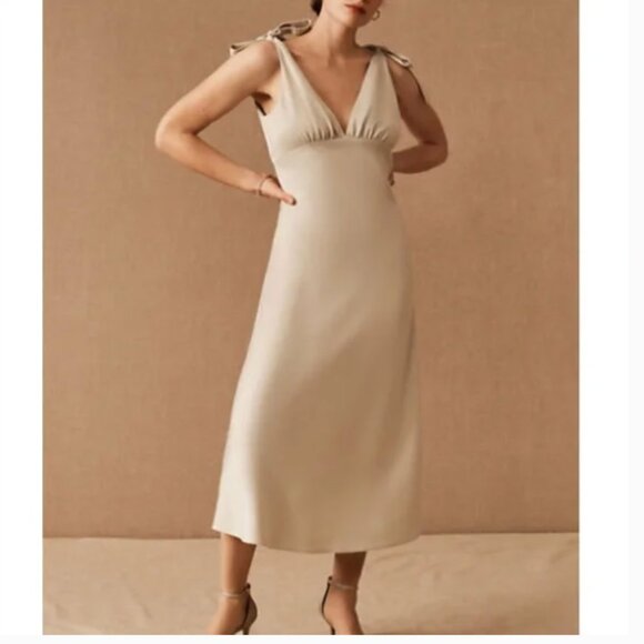 Excellent Condition! BHLDN Size 0 Midi Green Satin Dress with Plunge Neckline - Picture 1 of 5